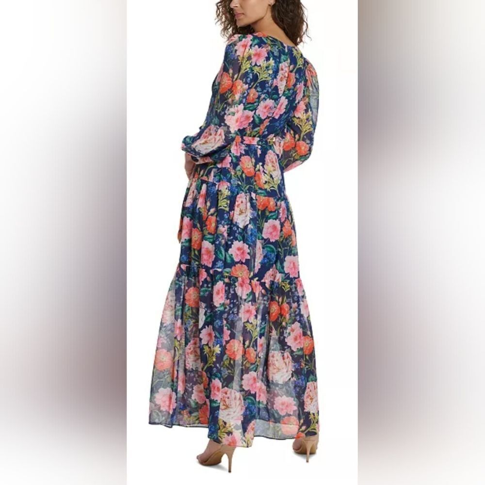 Eliza J Floral-Print Faux-Wrap Maxi Dress NWOT Size 2 Blue/Pink - Picture 2 of 5